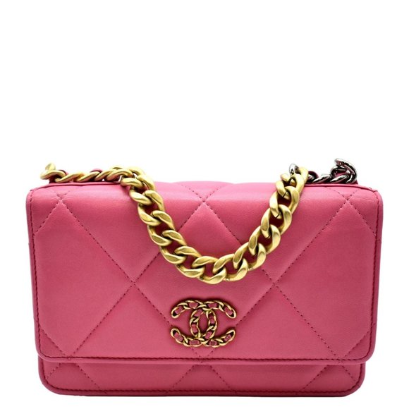 CHANEL  19 CC WOC Quilted Leather Wallet On Chain Crossbody Bag Pink - Picture 1 of 13
